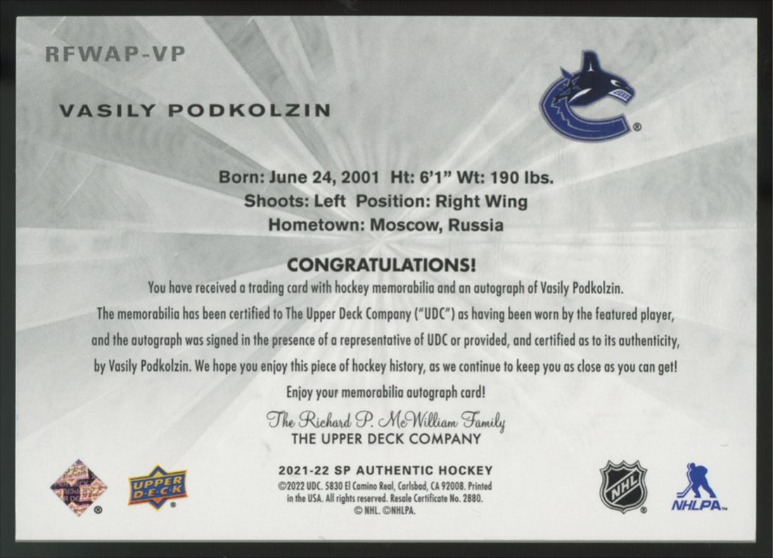 2021-22 SP Authentic Vasily Podkolzin Retro Future Watch Patch Auto /99