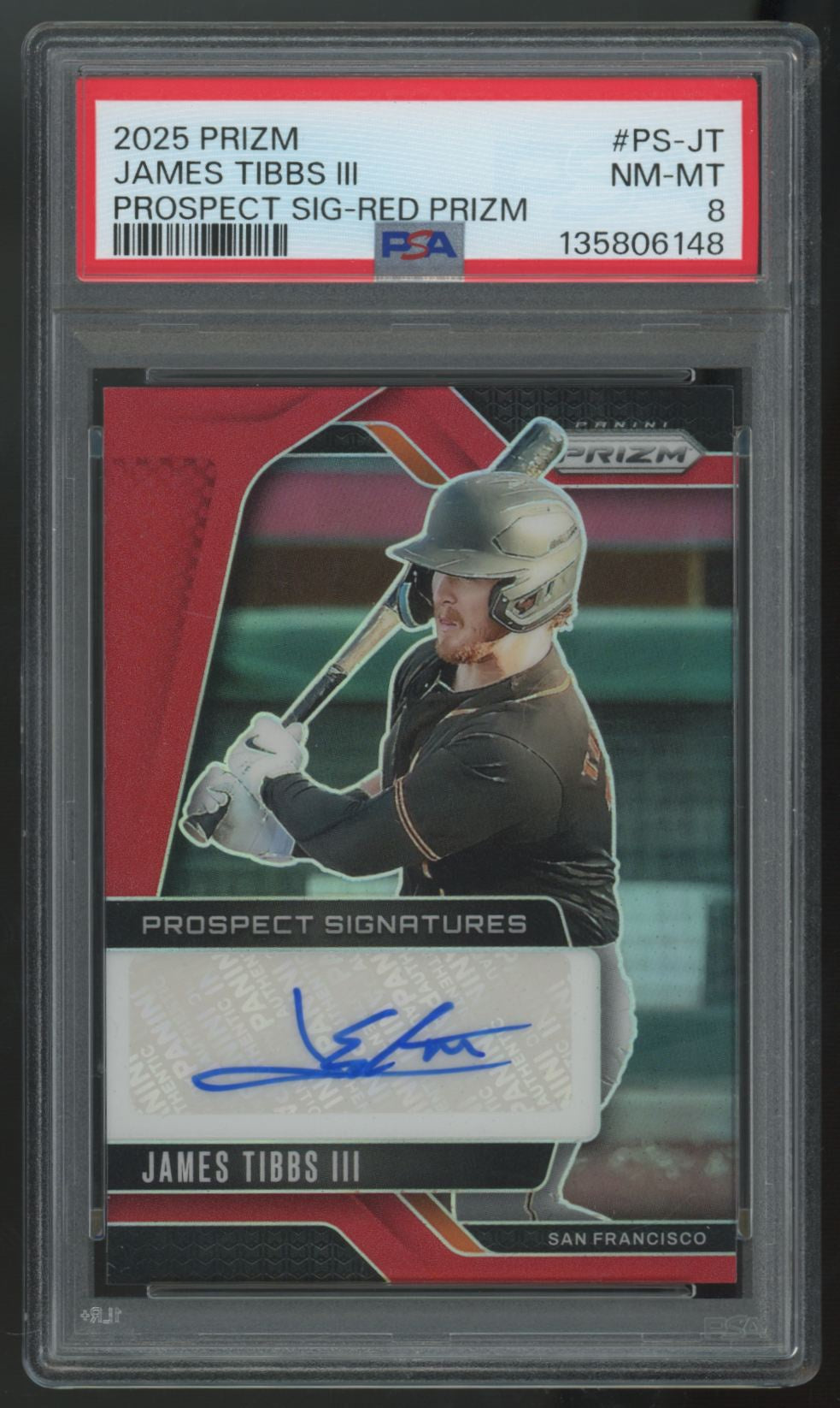 2025 Panini Prizm James Tibbs III Red Prospect Auto /99 #PS-JT PSA 8