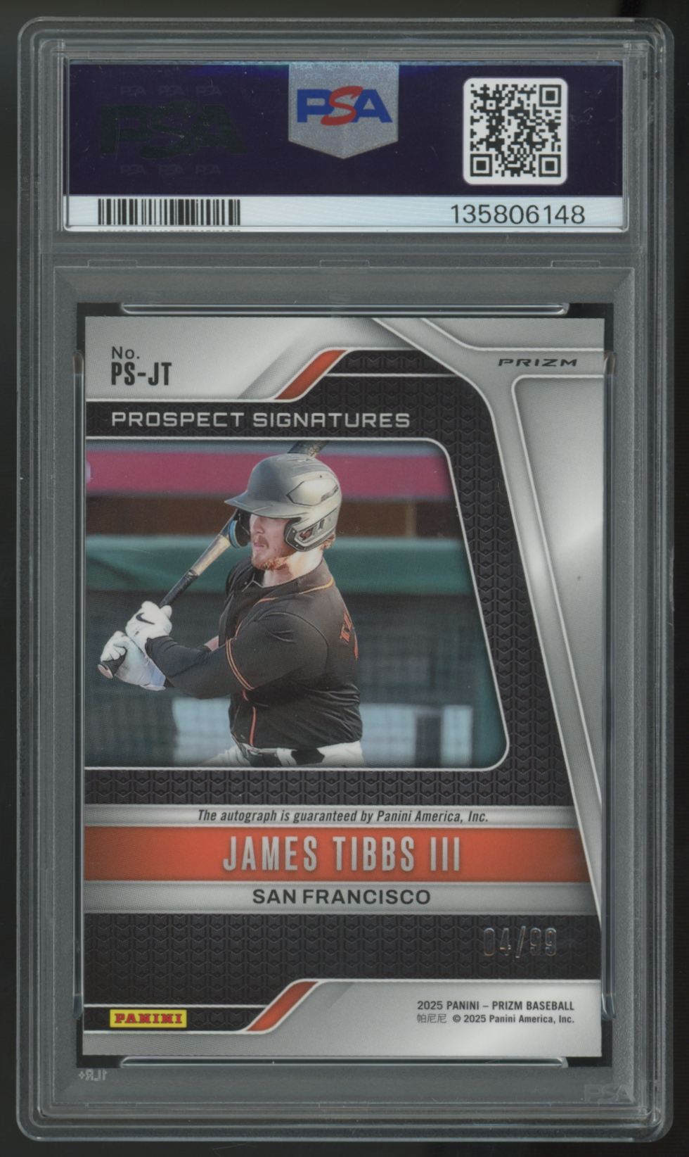 2025 Panini Prizm James Tibbs III Red Prospect Auto /99 #PS-JT PSA 8