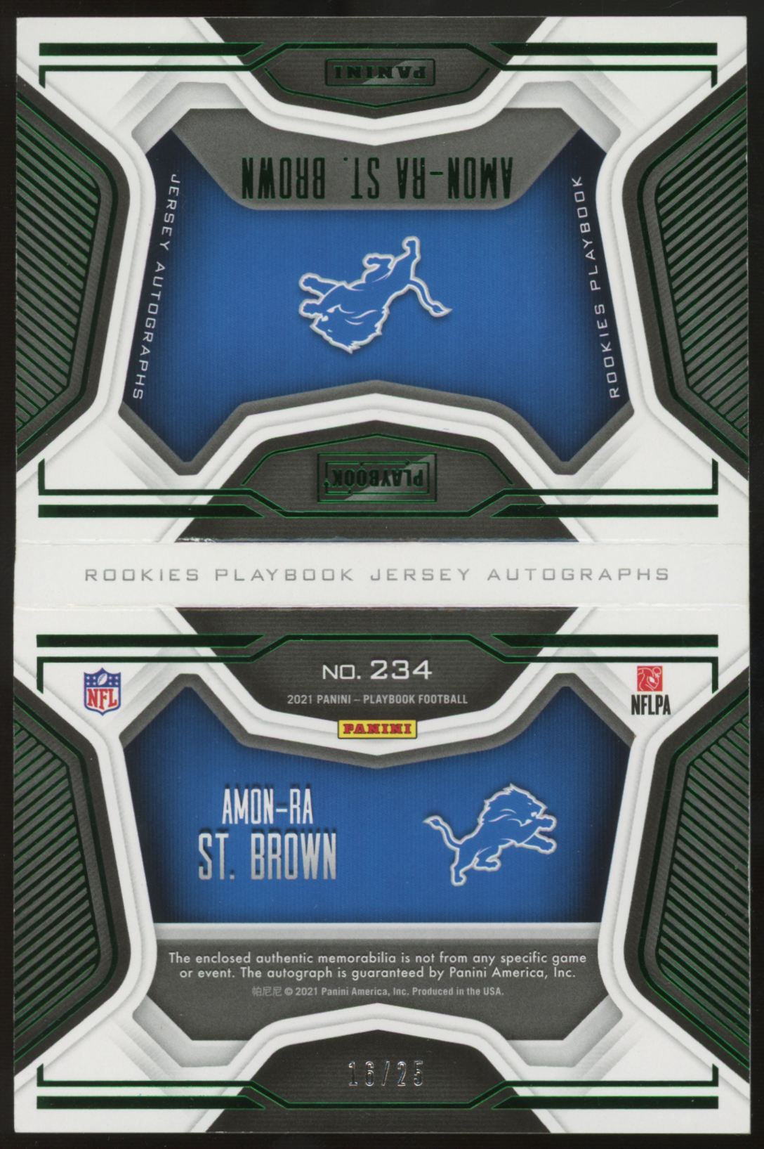 2021 Playbook Amon-Ra St. Brown RC Green Patch Auto Booklet RPA /25 #234 "A"