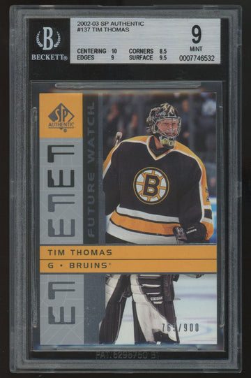 2002-03 Upper Deck SP Authentic Tim Thomas RC Future Watch /900 #137 BGS 9