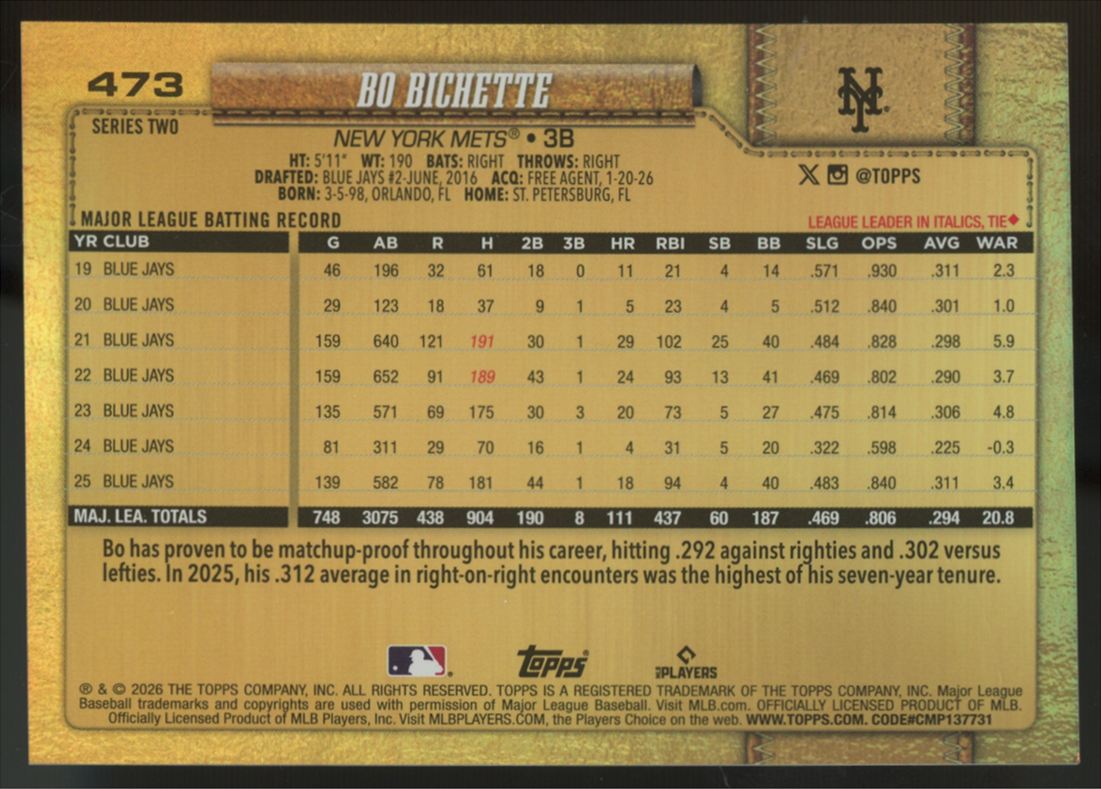 2026 Topps Series 2 Bo Bichette Gold Mirror Image Variation SSP #473
