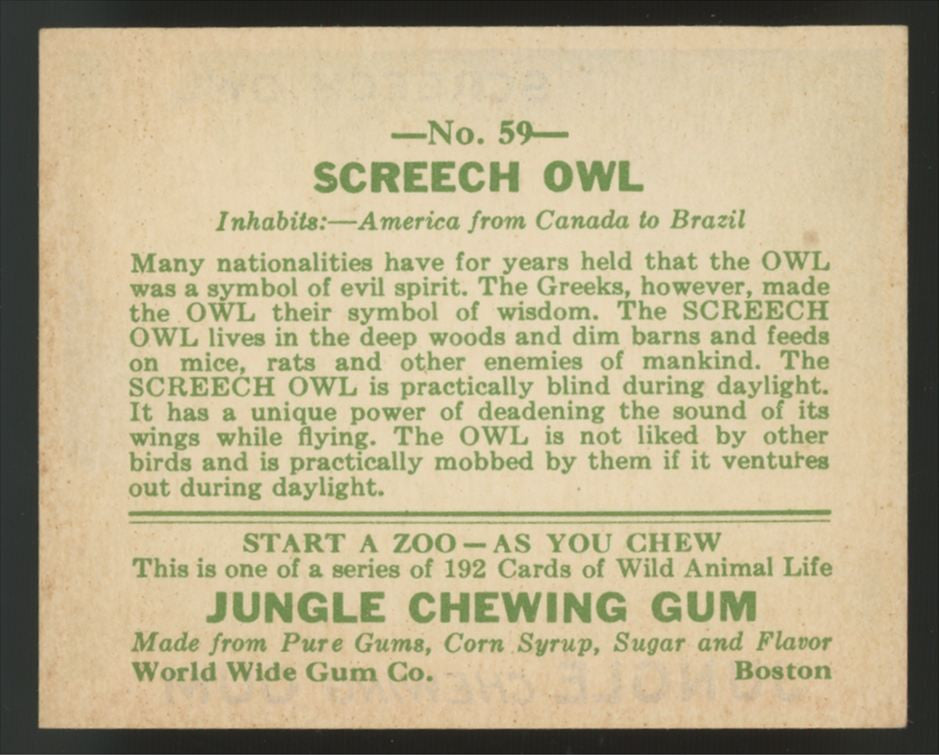 1930 R78 World Wide Gum Screech Owl Jungle Gum #59 NM