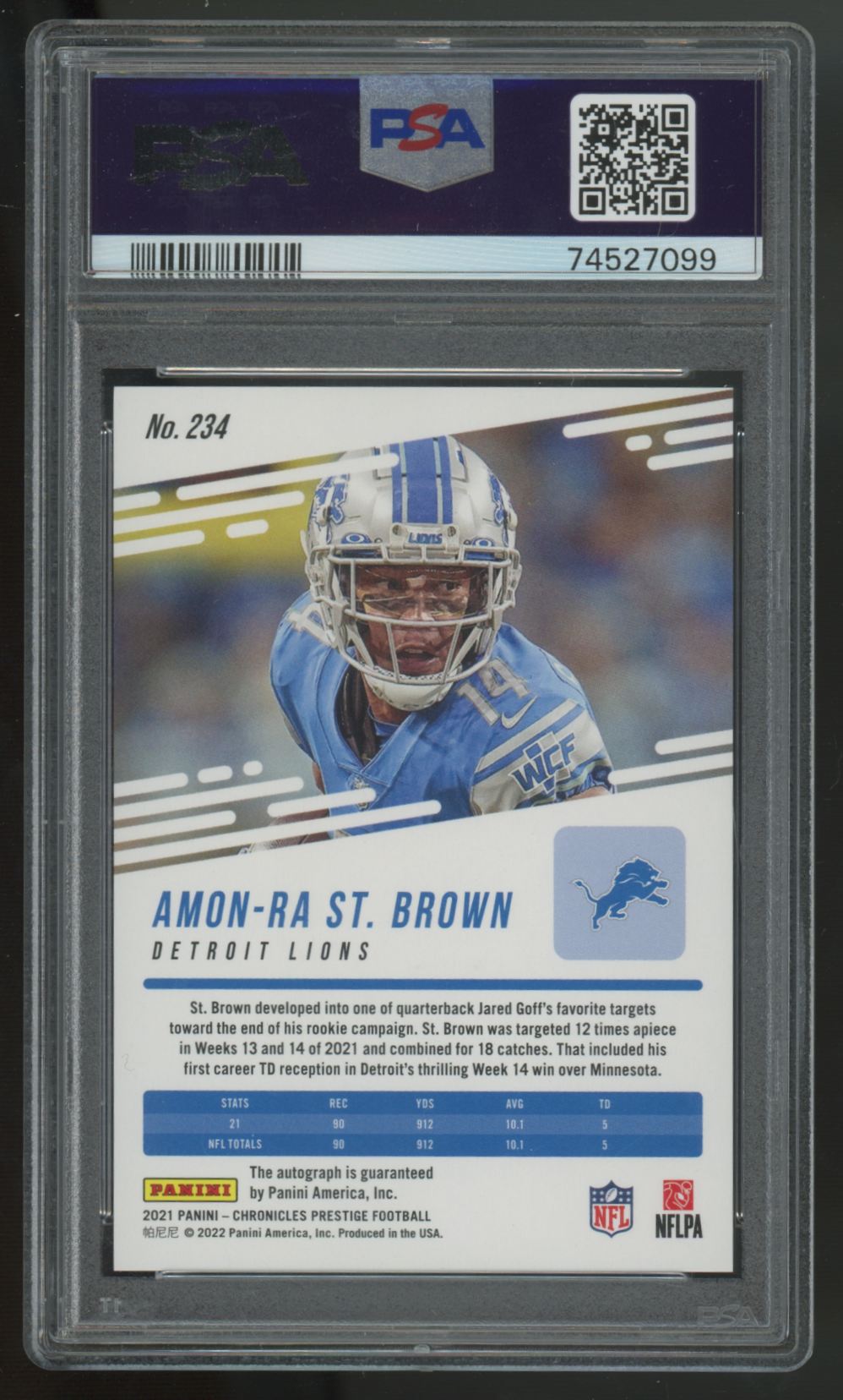 2021 Chronicles Prestige Amon-Ra St. Brown RC Xtra Points Auto #234 PSA 10 *099