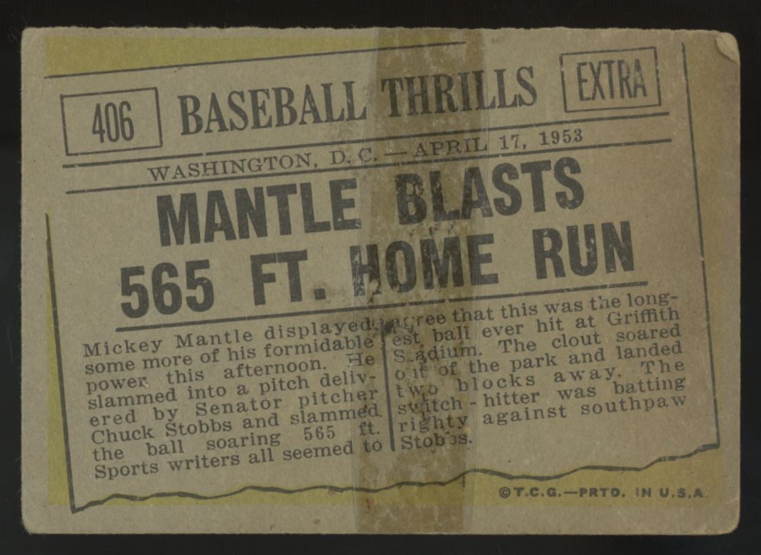 1961 Topps Mickey Mantle Baseball Thrills Blasts 565 FT. Home Run #406 Poor