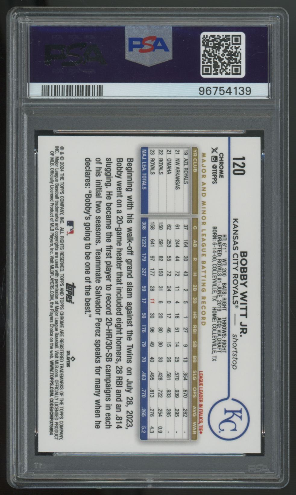 2024 Topps Chrome Bobby Witt Jr. Gold Refractor /50 #120 PSA 10