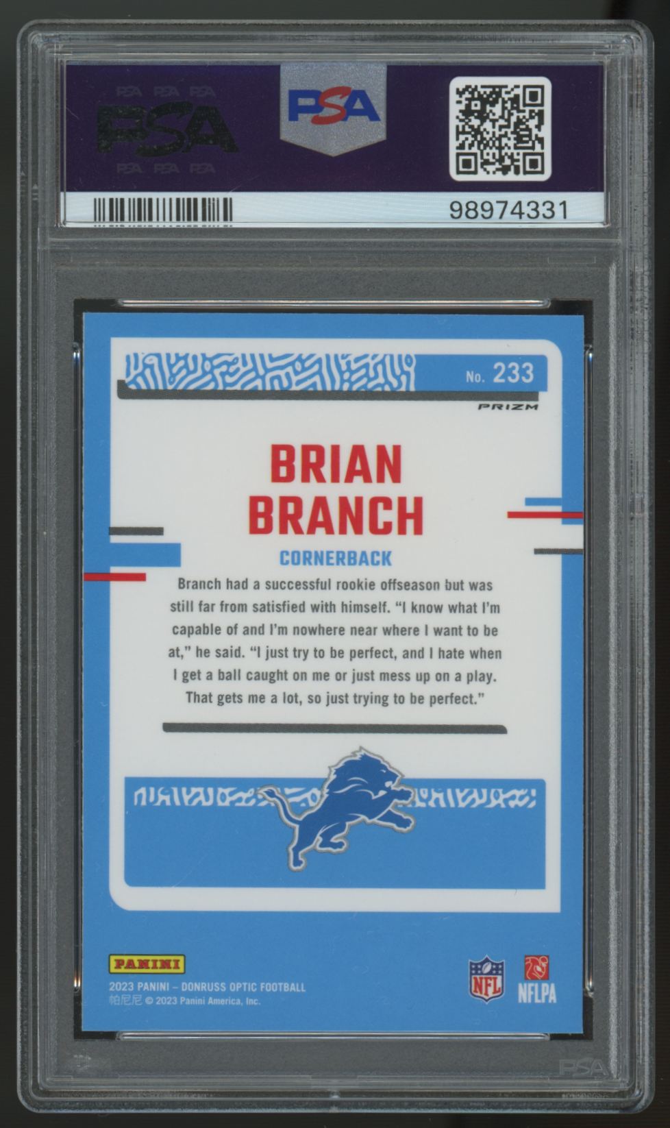 2023 Donruss Optic Brian Branch RC Rated Rookie Stars #233 PSA 10