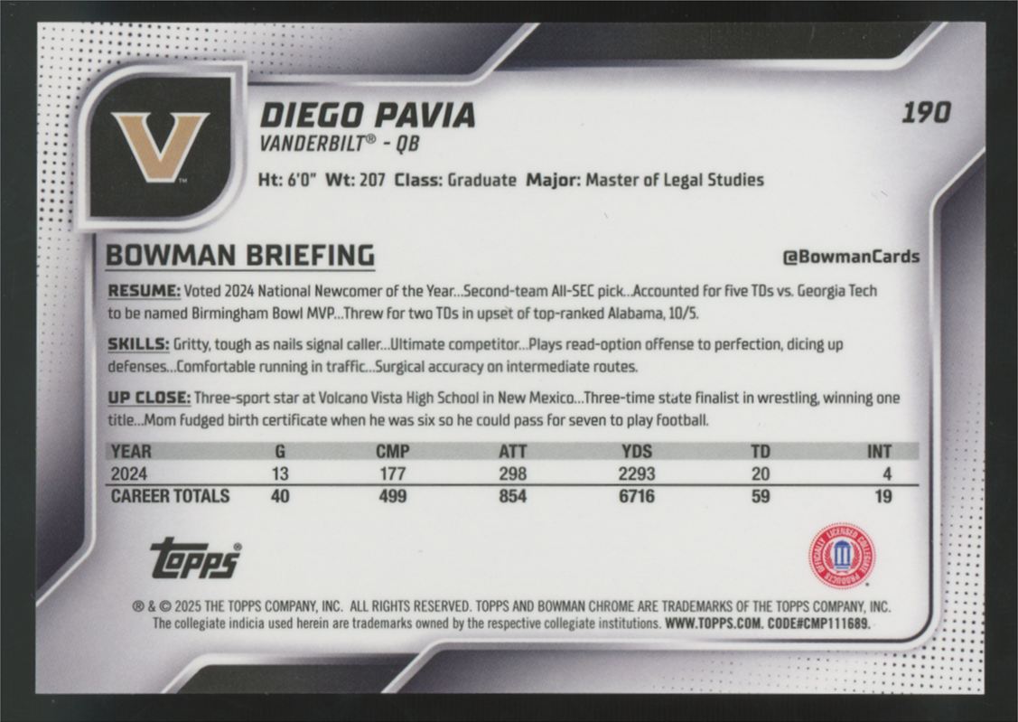 2025 Bowman Chrome U Diego Pavia 1st Gold Refractor /50 #190