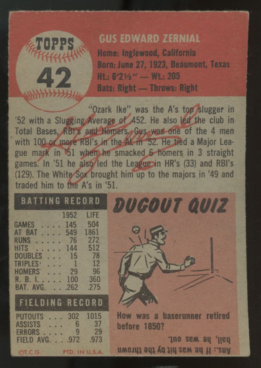 1953 Topps Gus Zernial #42 EX "A"