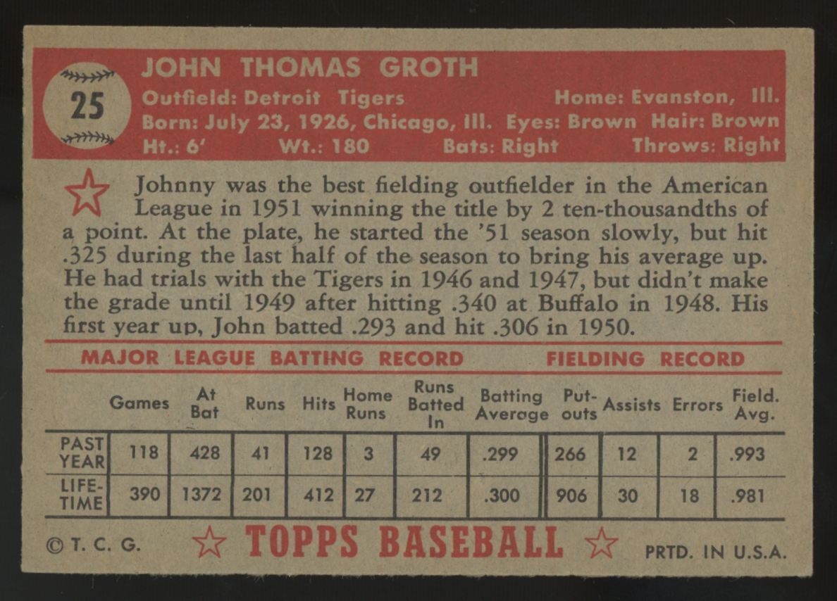 1952 Topps Johnny Groth RC #25 Poor
