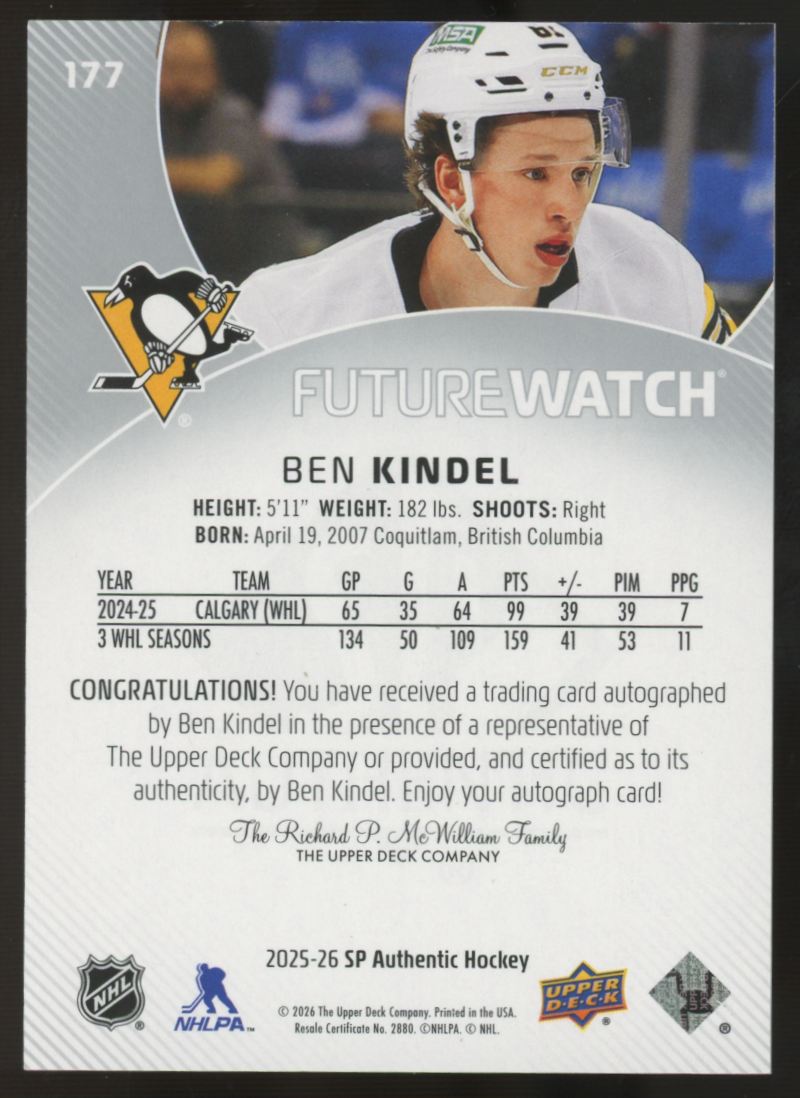 2025-26 Upper Deck SP Authentic Ben Kindel RC Future Watch Auto /999 #177