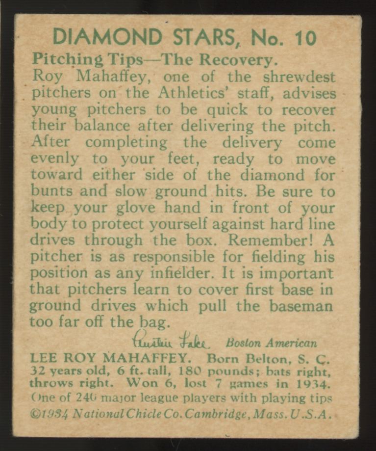 1934 National Chicle Roy Mahaffey Diamond Stars #10 Poor (Pinhole)