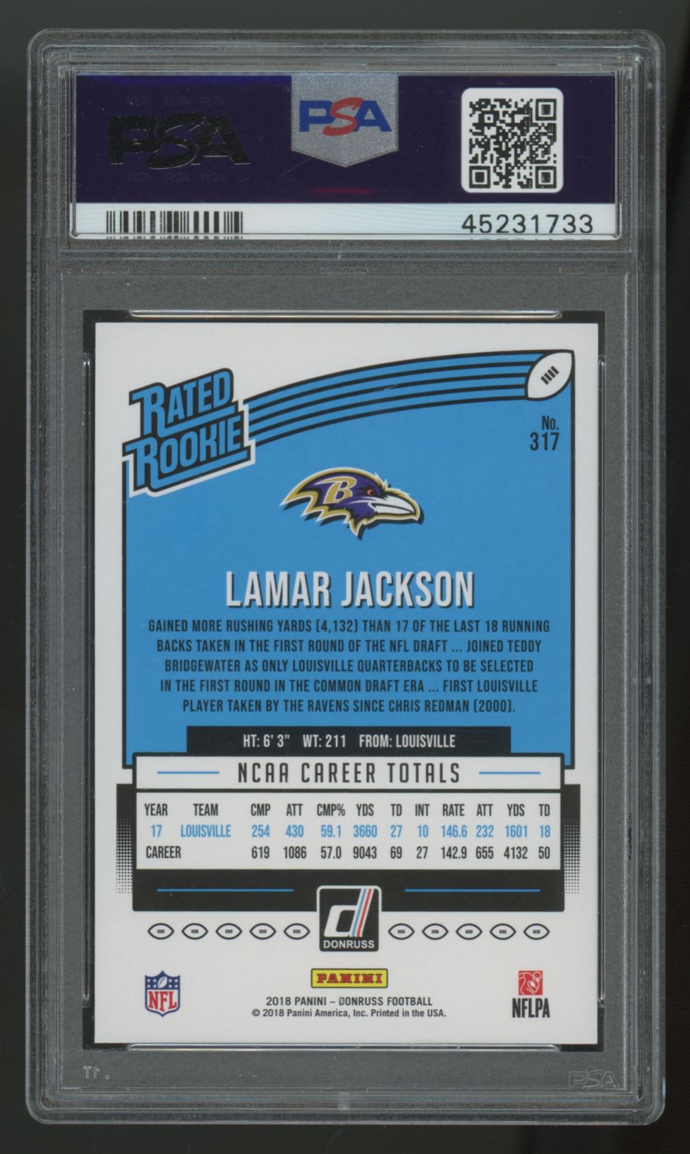 2018 Panini Donruss Lamar Jackson RC Rated Rookie #317 PSA 10 *733