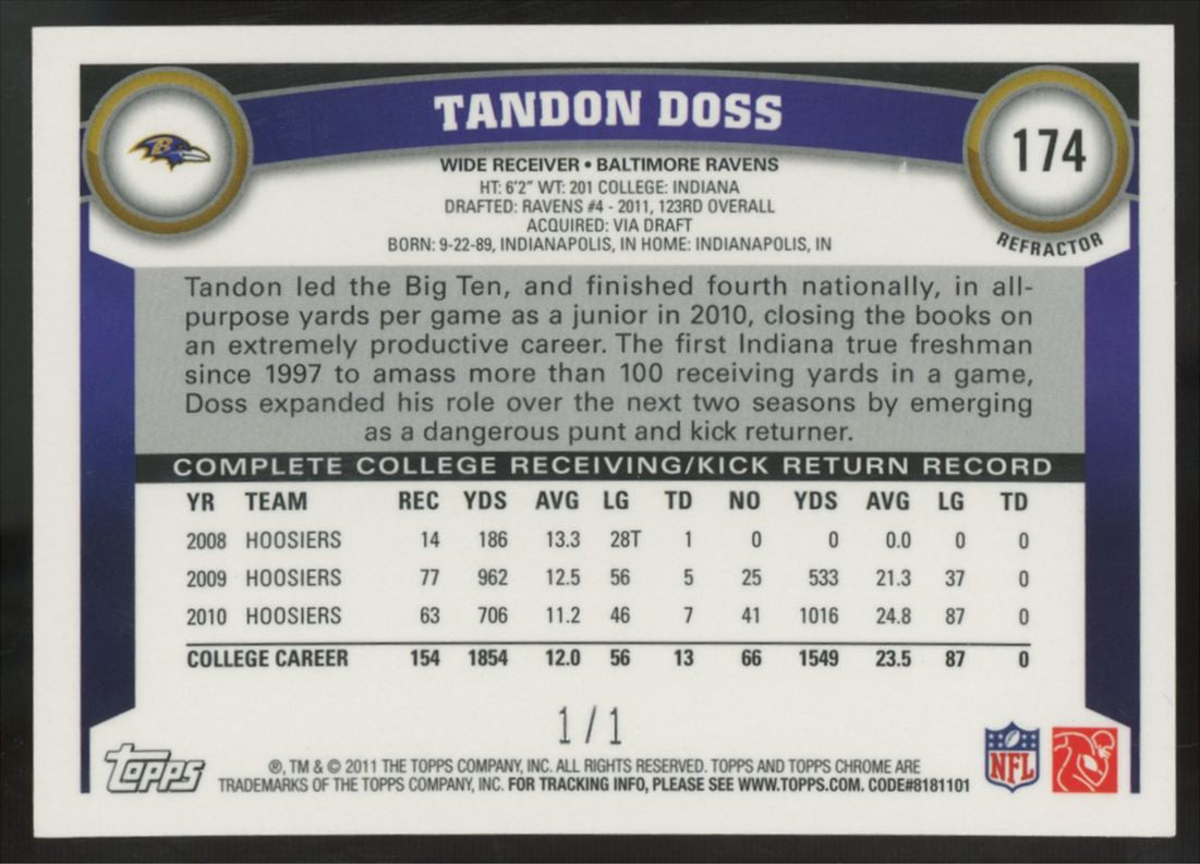 2011 Topps Chrome Tandon Doss RC Superfractor 1/1 #174