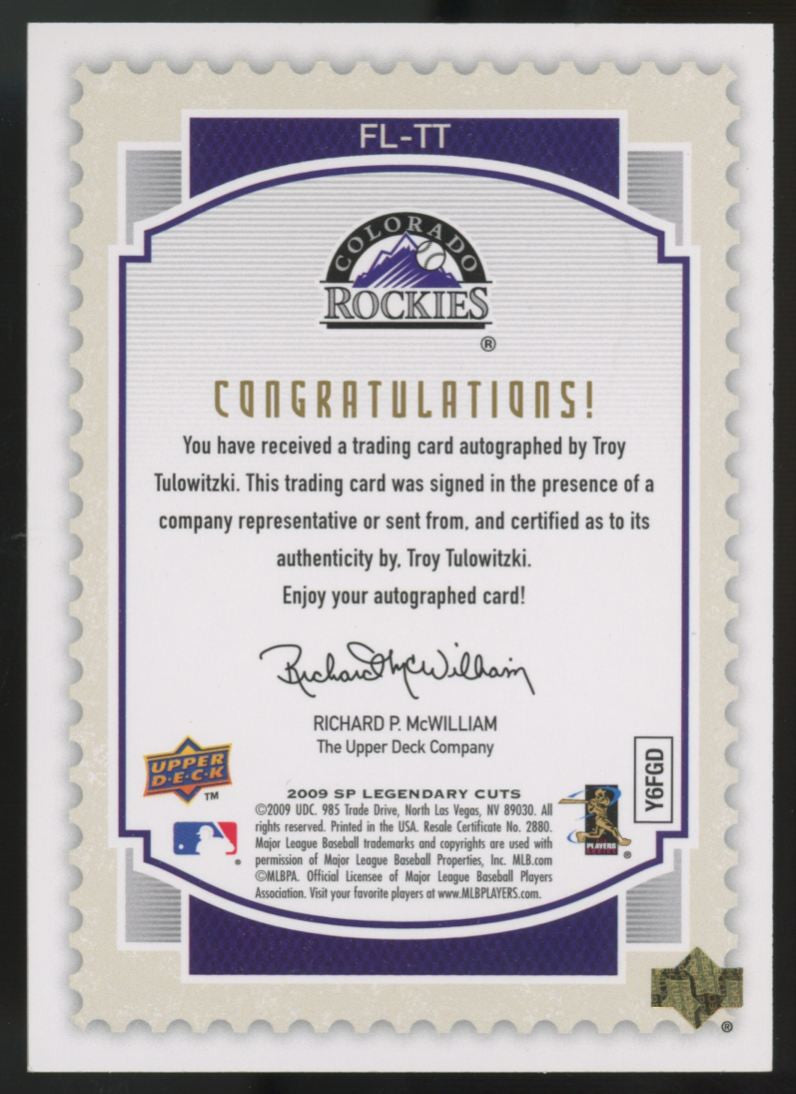 2009 SP Legendary Cuts Troy Tulowitzki Future Legends Auto /125 #FL-TT