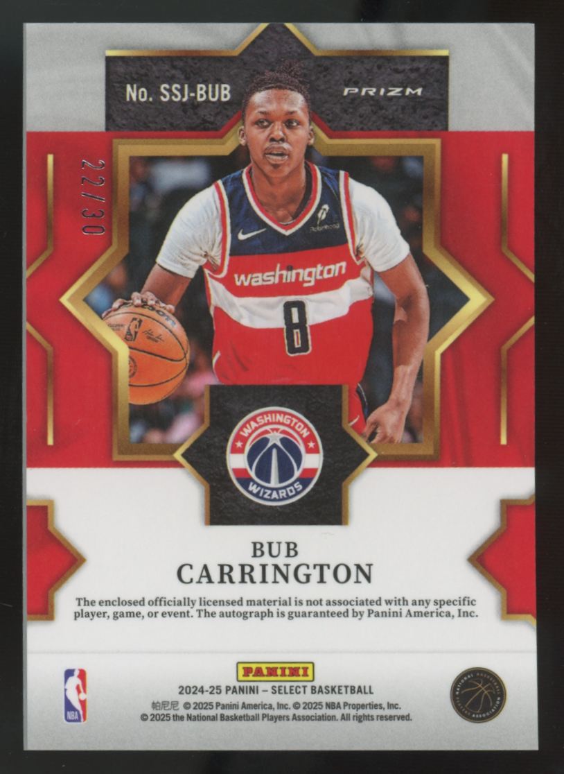 2024-25 Panini Select Bub Carrington RC Stars Patch Auto RPA /30 #SSJ-BUB