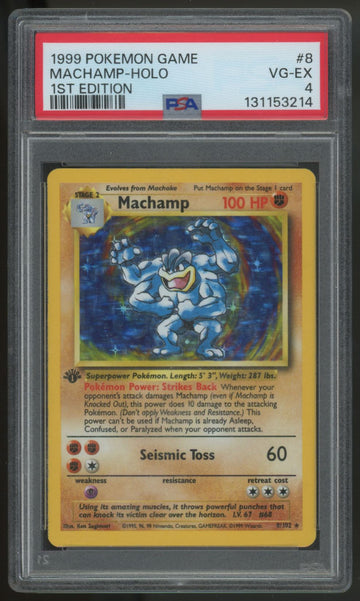 1999 Pokemon Machamp Base Set 1st Edition Holo #8 PSA 4