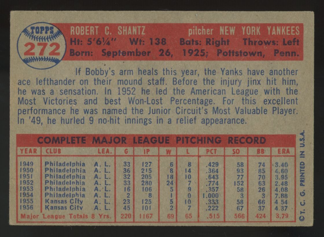 1957 Topps Bobby Shantz #272 VG/EX-EX