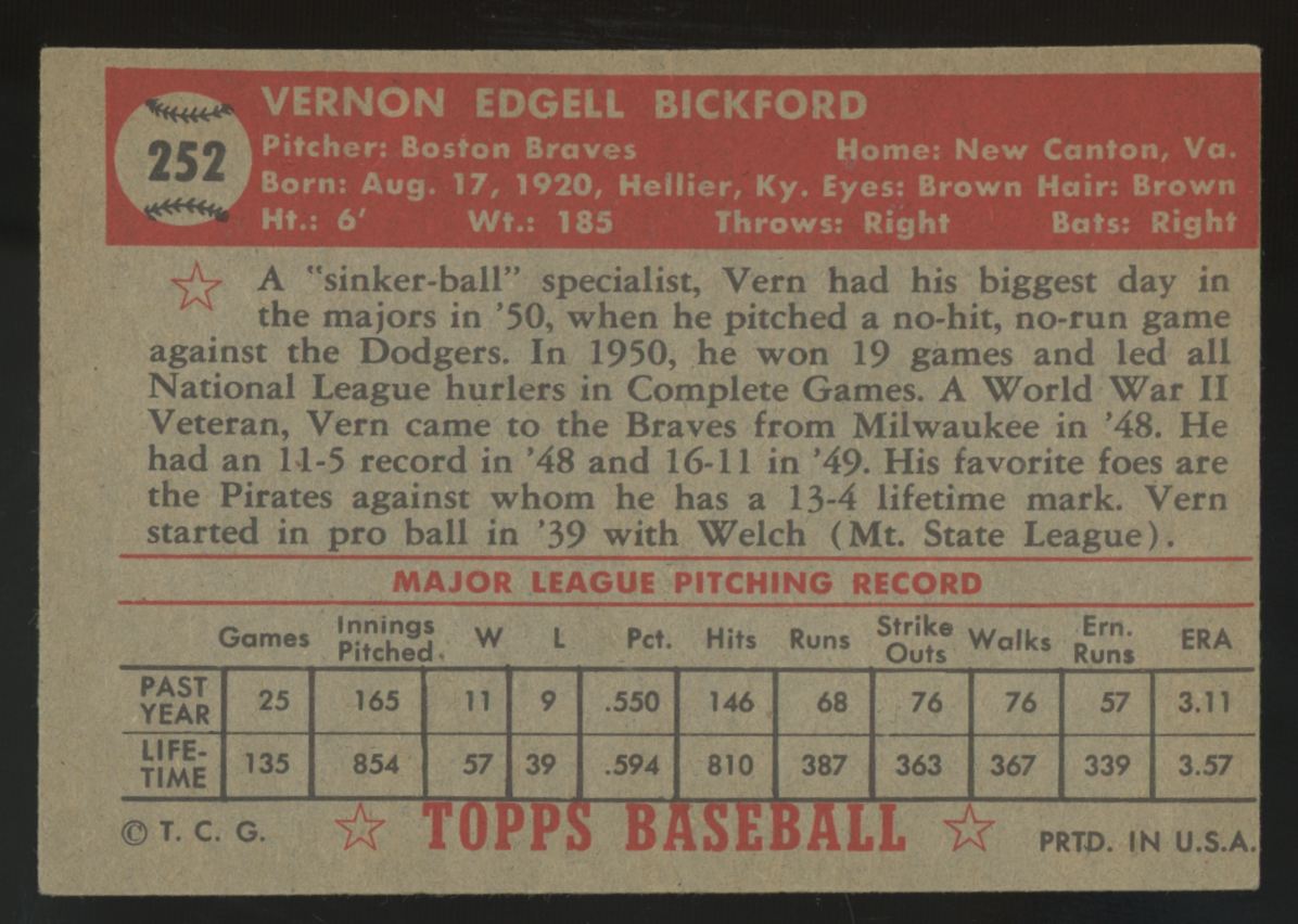1952 Topps Vern Bickford #252 VG/EX