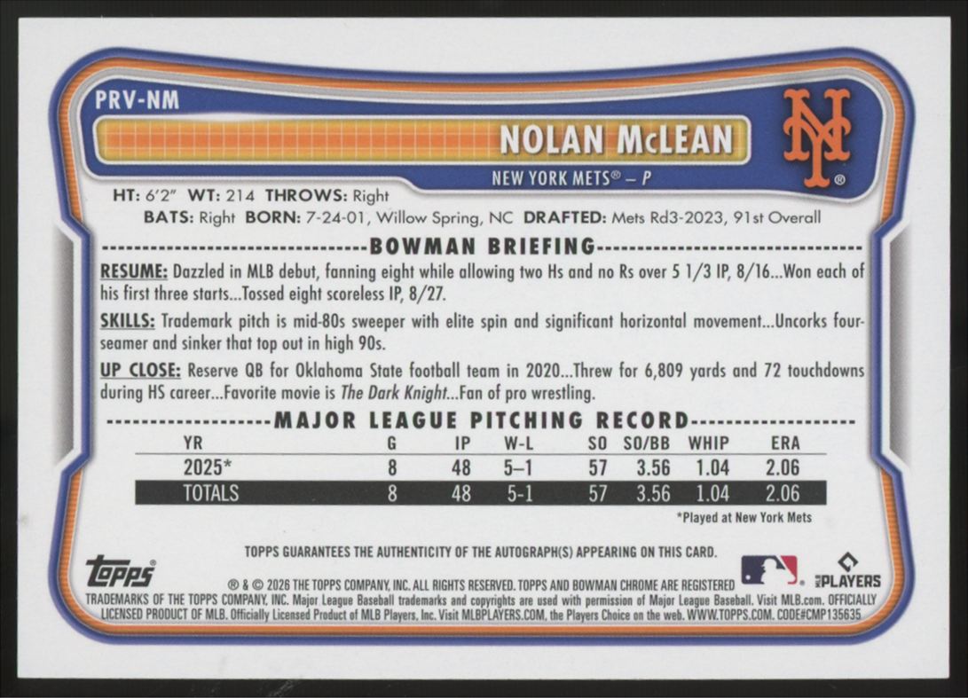 2026 Bowman Nolan McLean RC Auto #PRV-NM