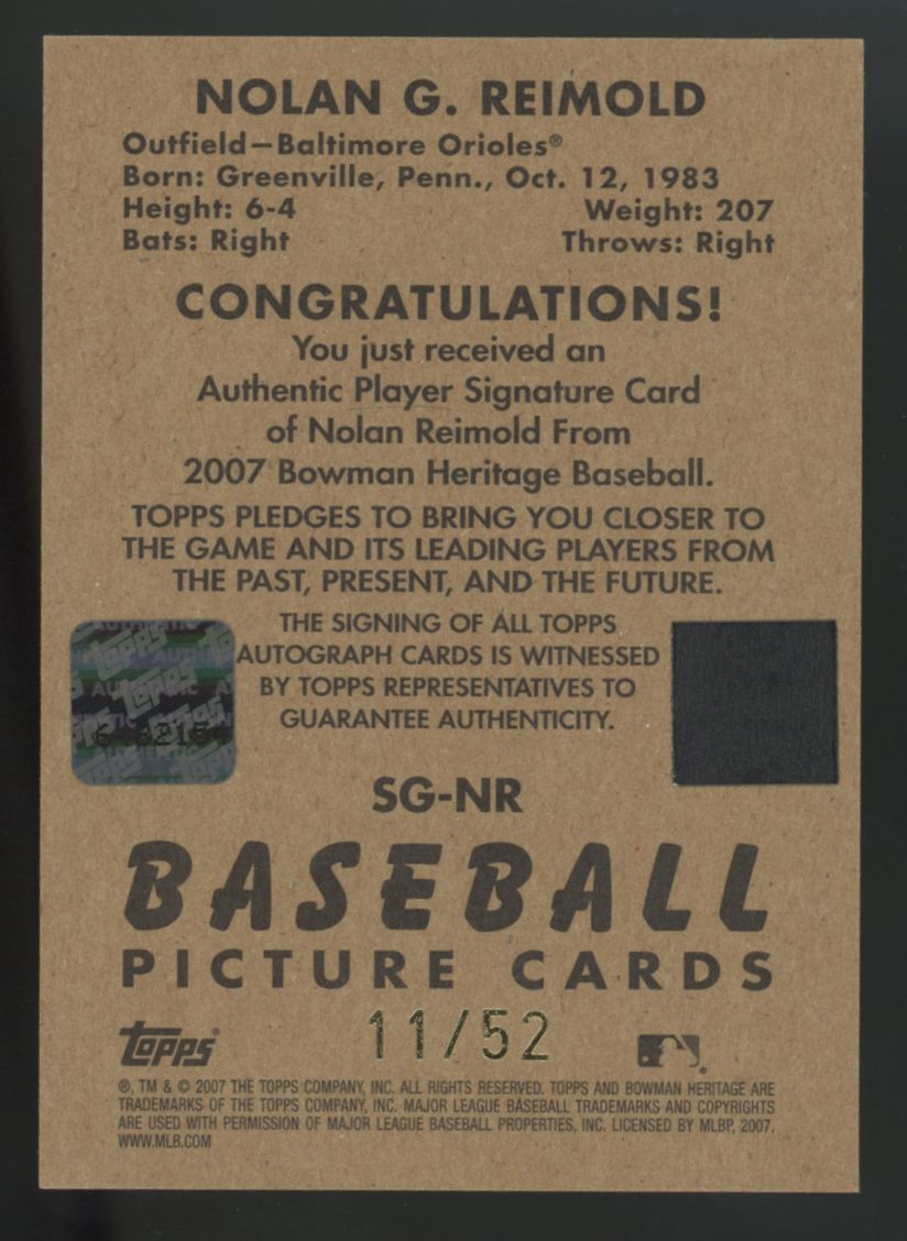 2007 Bowman Heritage Nolan Reimold Black Signs Of Greatness Auto /52 #SG-NR