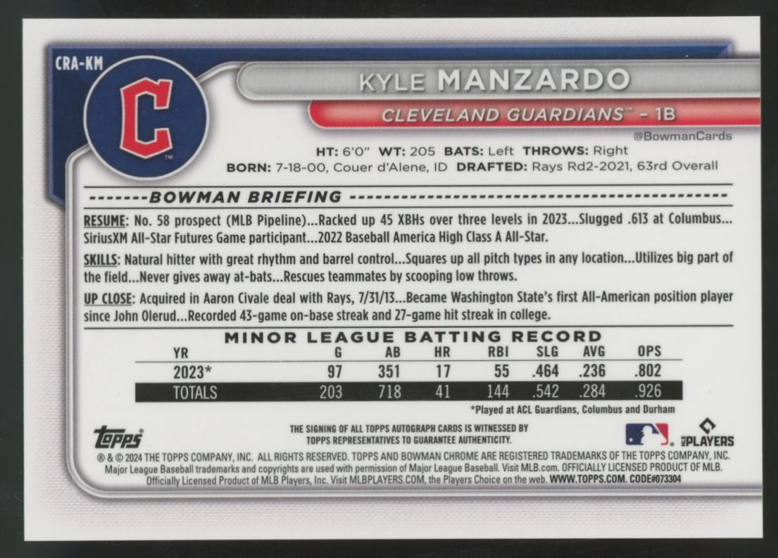 2024 Bowman Chrome Kyle Manzardo RC Auto #CRA-KM