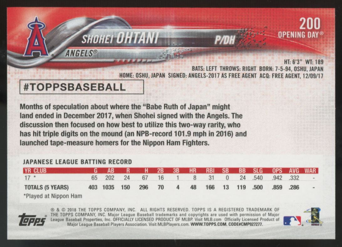 2018 Topps Opening Day Shohei Ohtani RC #200 "C"