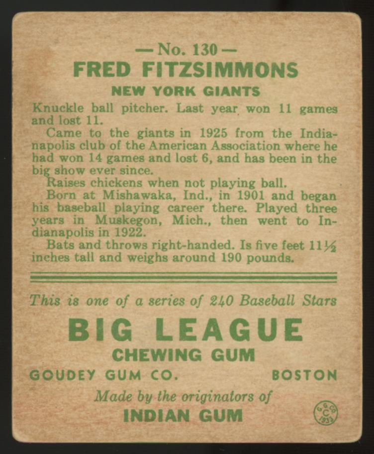 1933 Goudey Fred Fitzsimmons #130 Good