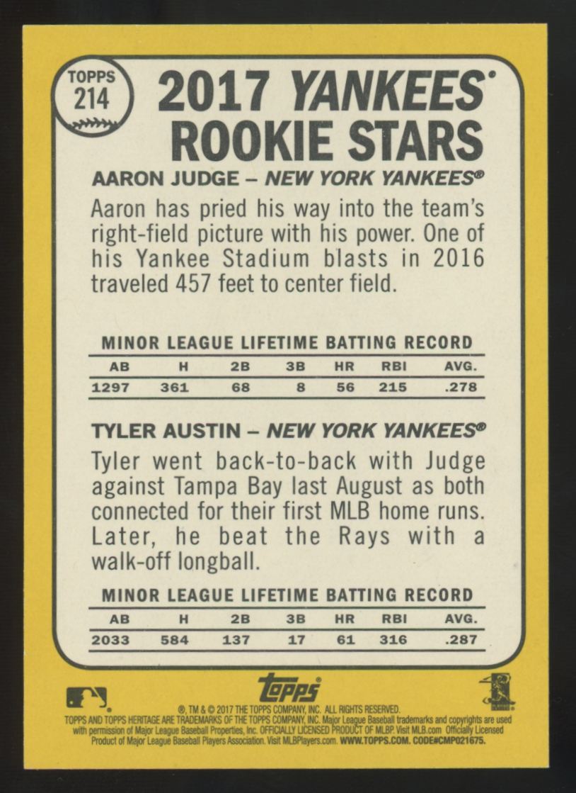 2017 Topps Heritage Aaron Judge/Tyler Austin Rookie Stars Purple Refractor #214