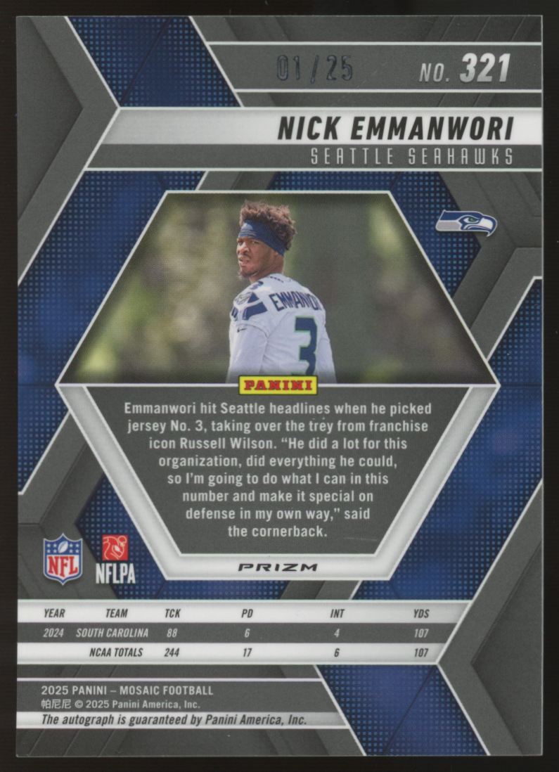 2025 Mosaic Nick Emmanwori RC White Auto /25 #321