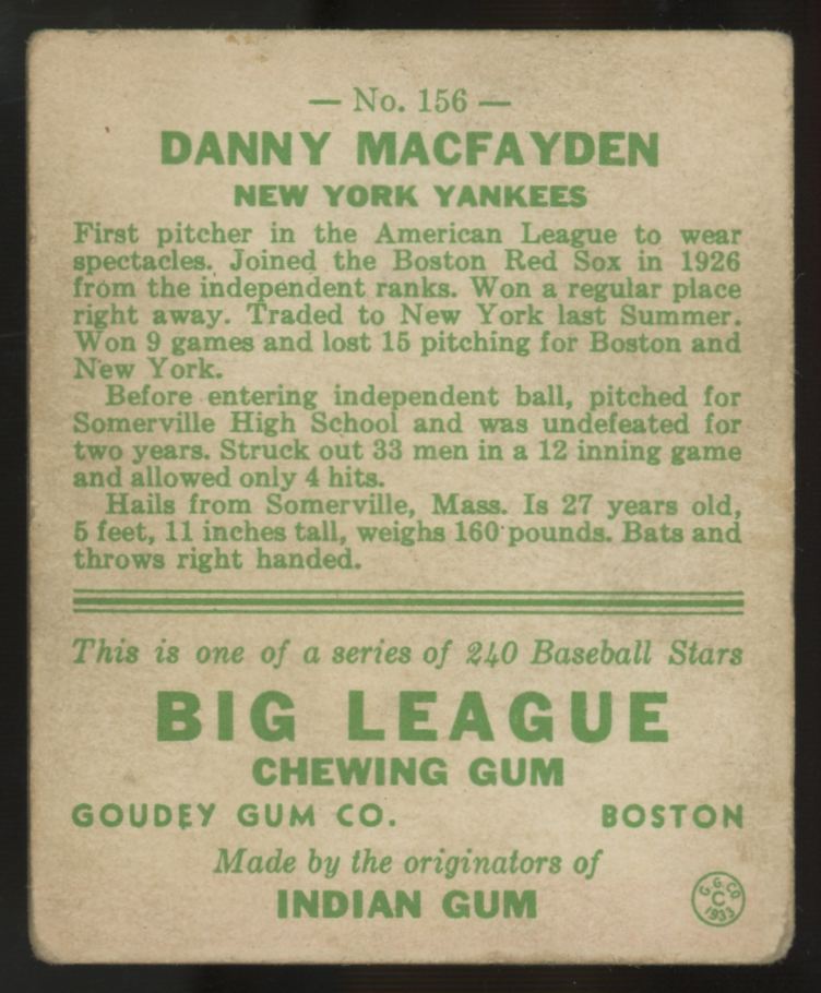 1933 Goudey Danny MacFayden #156 Poor