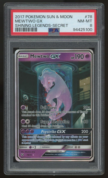 2017 Pokemon Mewtwo GX Shining Legends Secret #78 PSA 8