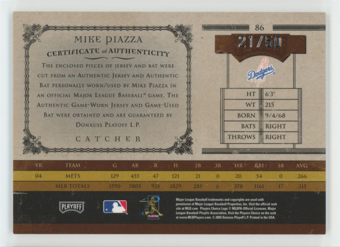 2005 Playoff Prime Cuts Mike Piazza Combo Dual Patch /50 #86