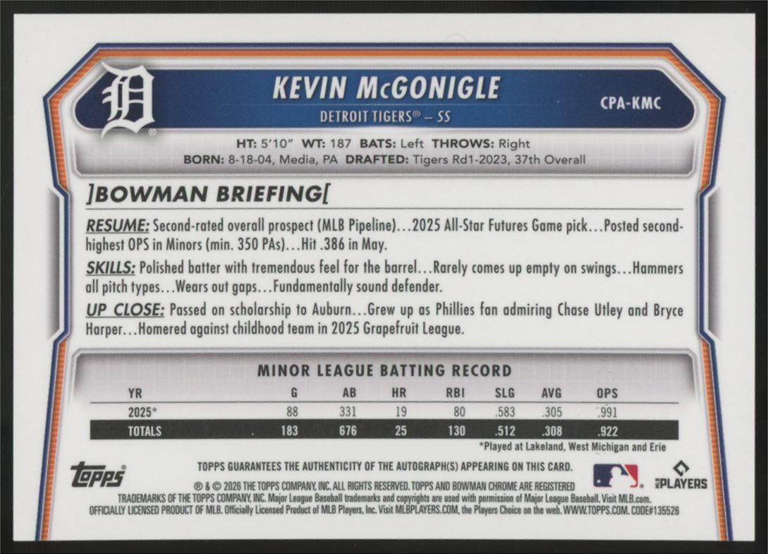 2026 Bowman Chrome Kevin McGonigle Prospect Speckle Refractor Auto /299 #CPA-KMC