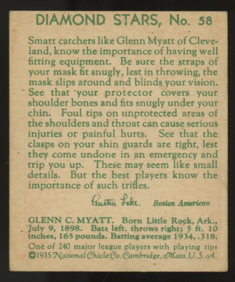 1935 National Chicle Glenn Myatt Diamond Stars #58 Poor (Pin Hole)