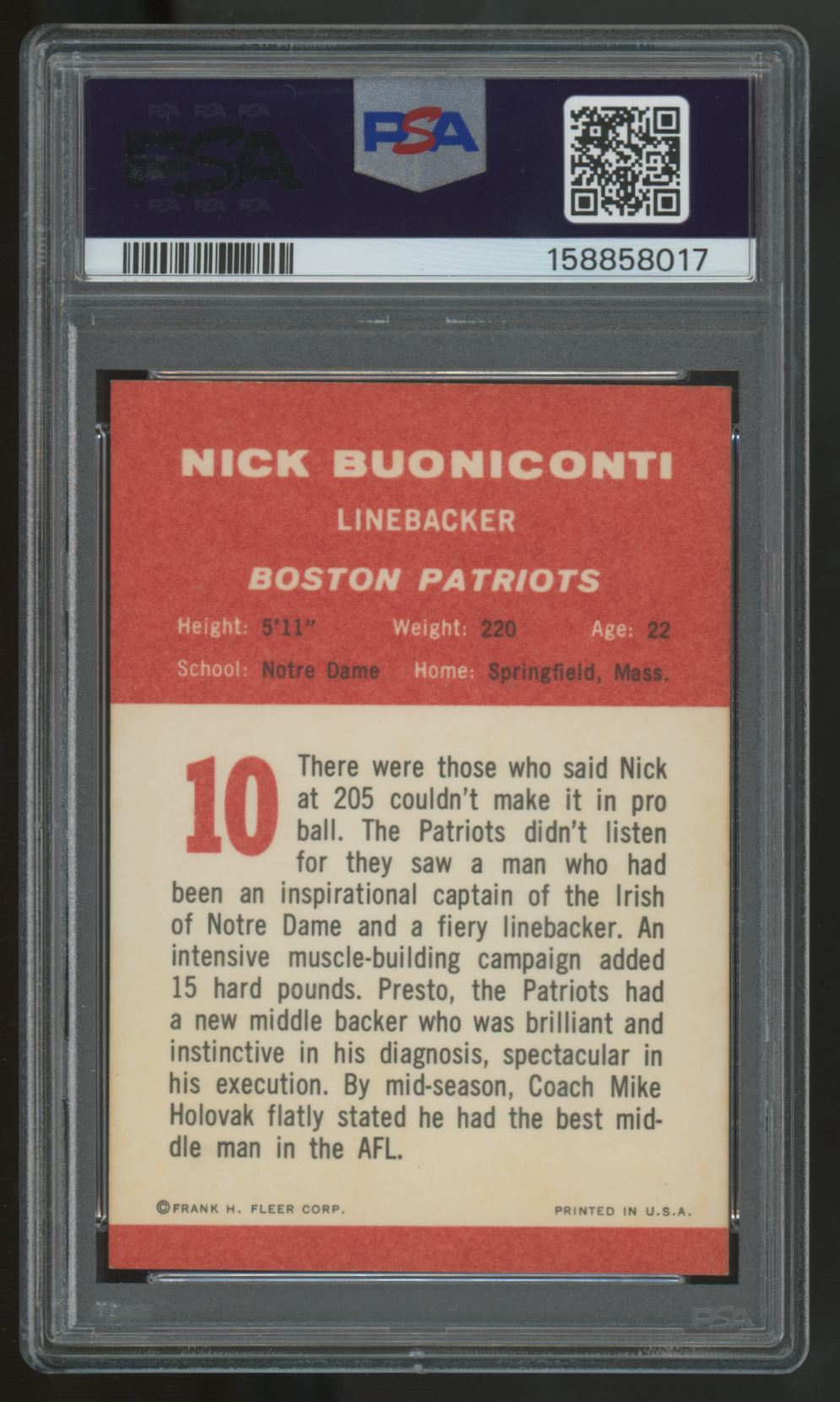 1963 Fleer Nick Buoniconti RC #10 PSA 7