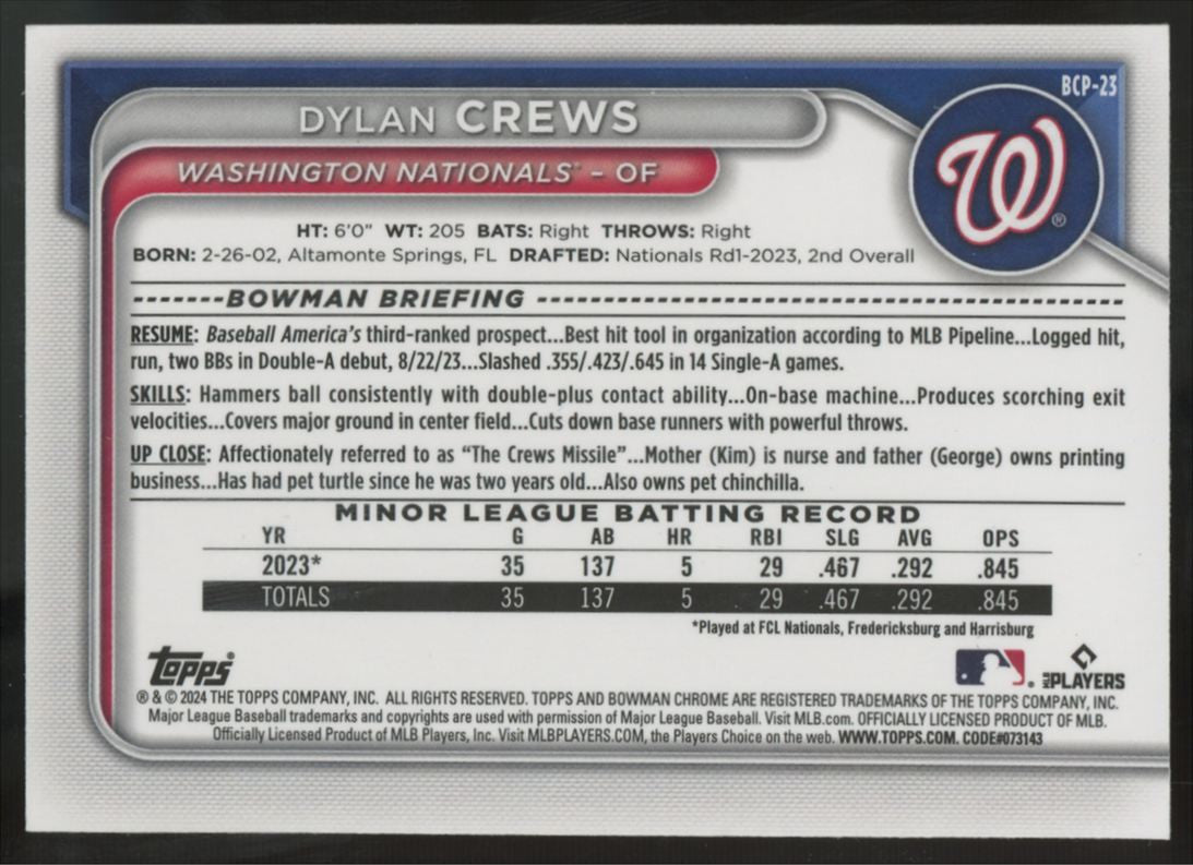 2024 Bowman Chrome Dylan Crews 1st Prospect Blue Raywave Refractor /150 #BCP-23