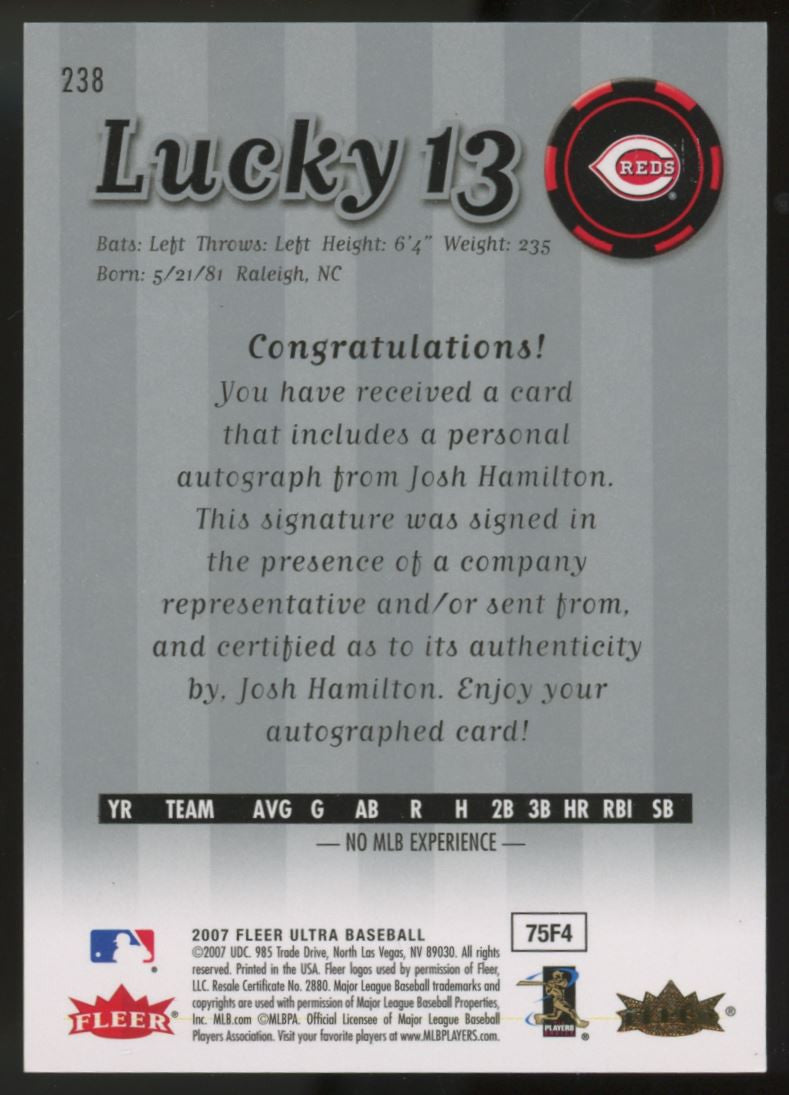 2007 Fleer Ultra Josh Hamilton Lucky 13 RC Auto /99 #238