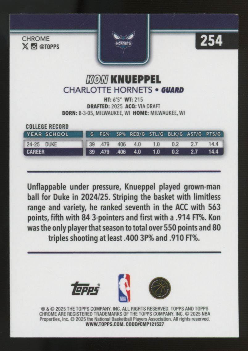 2025-26 Topps Chrome Kon Knueppel RC Red White Blue Refractor #254