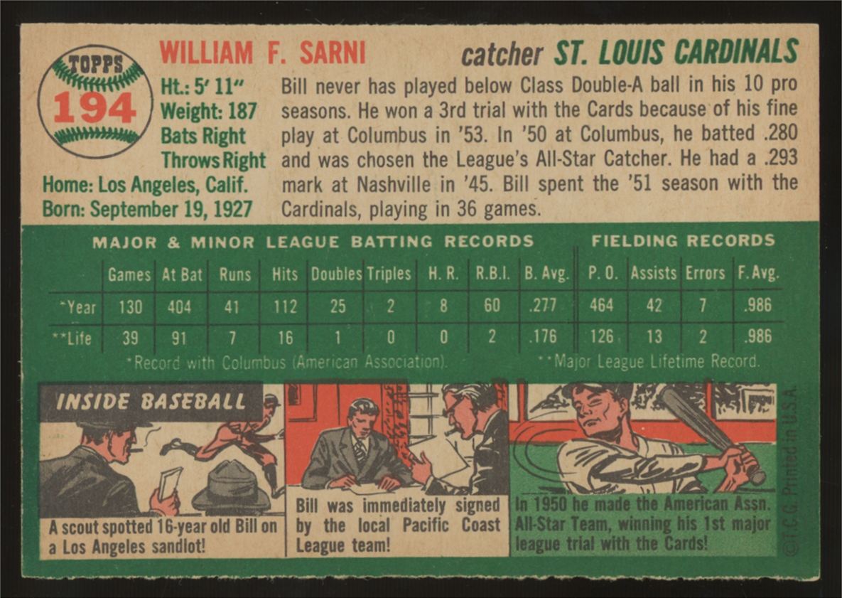 1954 Topps Bill Sarni #194 NM