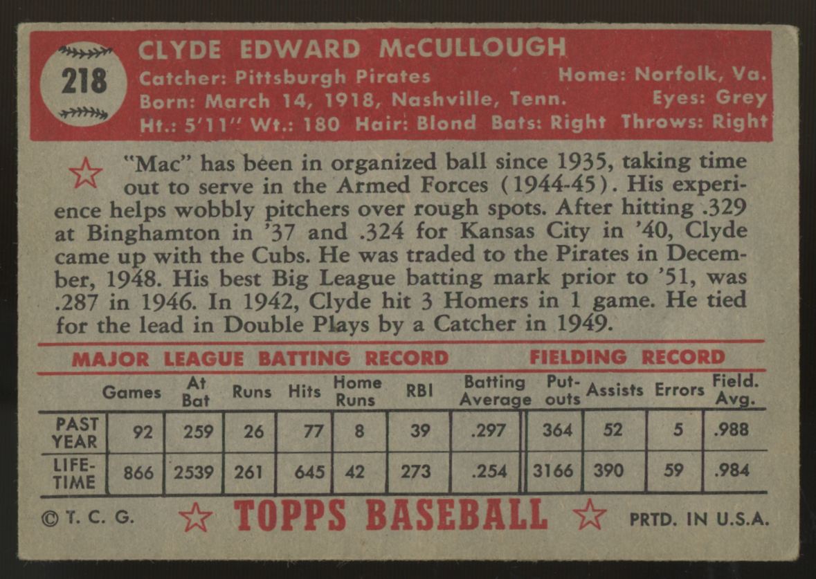 1952 Topps Clyde McCullough #218 VG