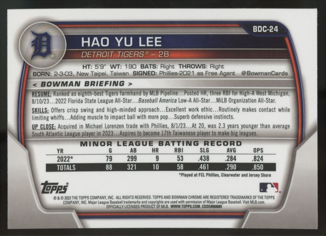 2023 Bowman Draft Chrome Hao Yu Lee Yellow Refractor /75 #BDC-24