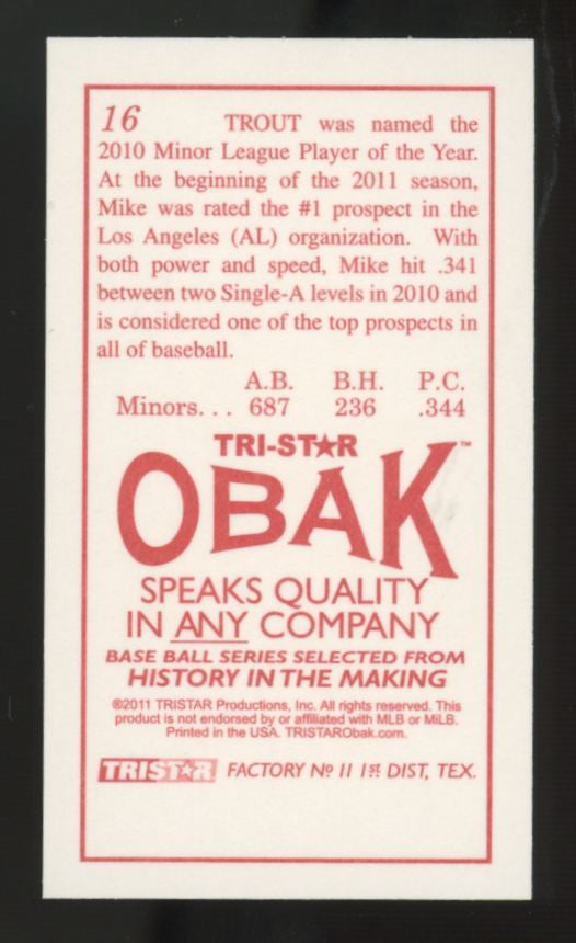 2011 Tri-Star OBAK Mike Trout RC T-212 Mini #16