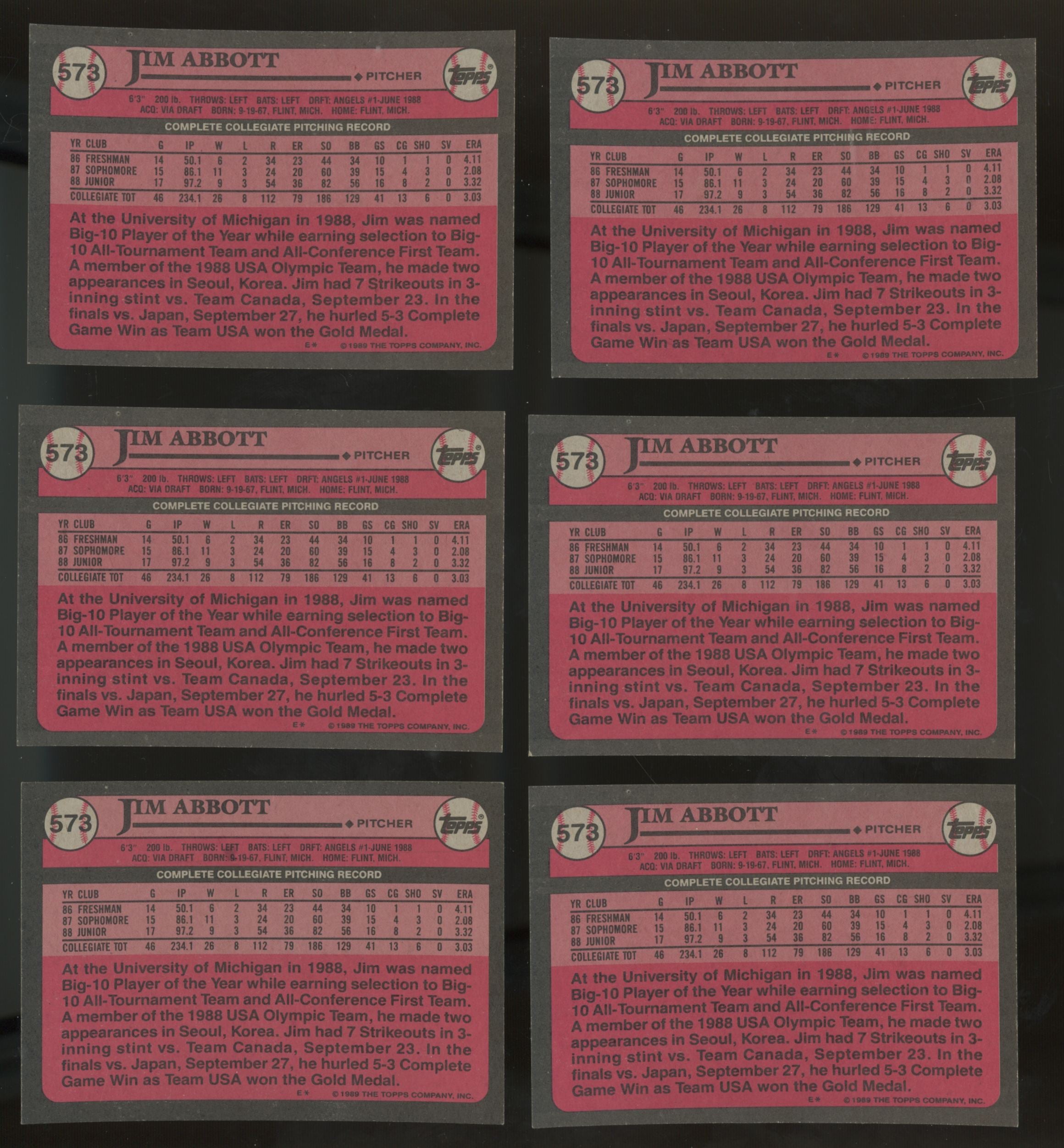 1989 Topps Jim Abbott RC #1 Draft Pick #573 (Lot Of 50) "A"