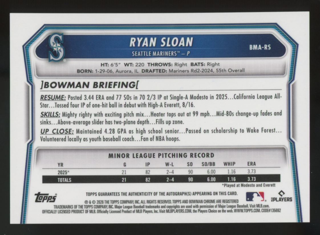 2026 Bowman Chrome Mega Ryan Sloan Auto #BMA-RS