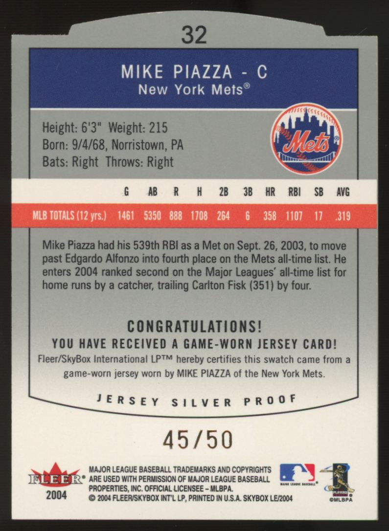 2004 Fleer Skybox Mike Piazza Limited Edition Game-Worn Jersey Silver Proof /50