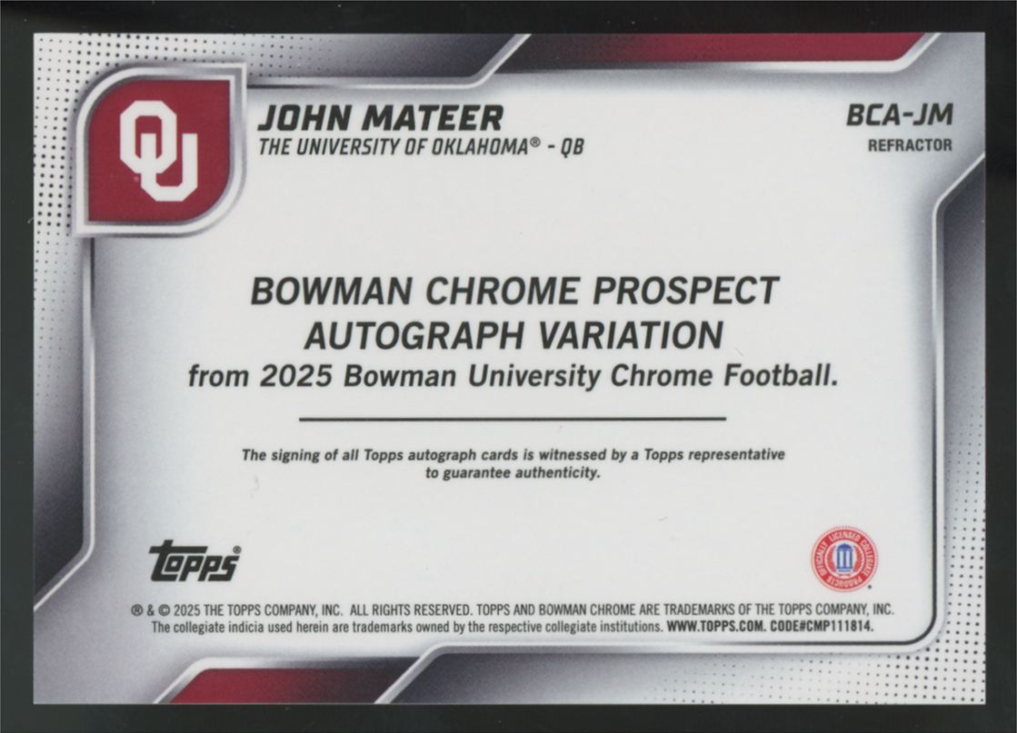 2025 Bowman Chrome U John Mateer 1st Prospect Auto Refractor /299 #BCA-JM