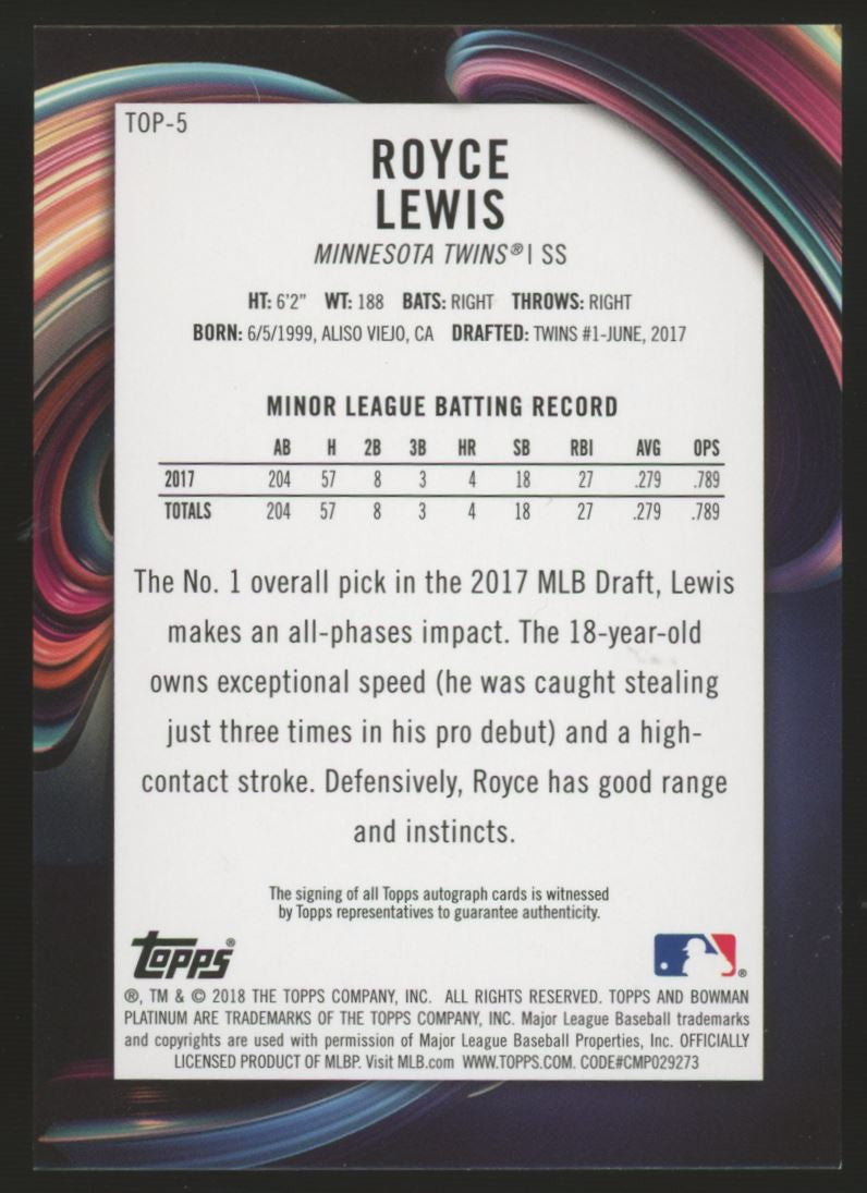 2018 Bowman Platinum Royce Lewis Auto Orange /25 #TOP-5