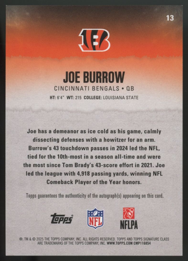 2025 Topps Signature Series Joe Burrow Silver Auto /275 #13