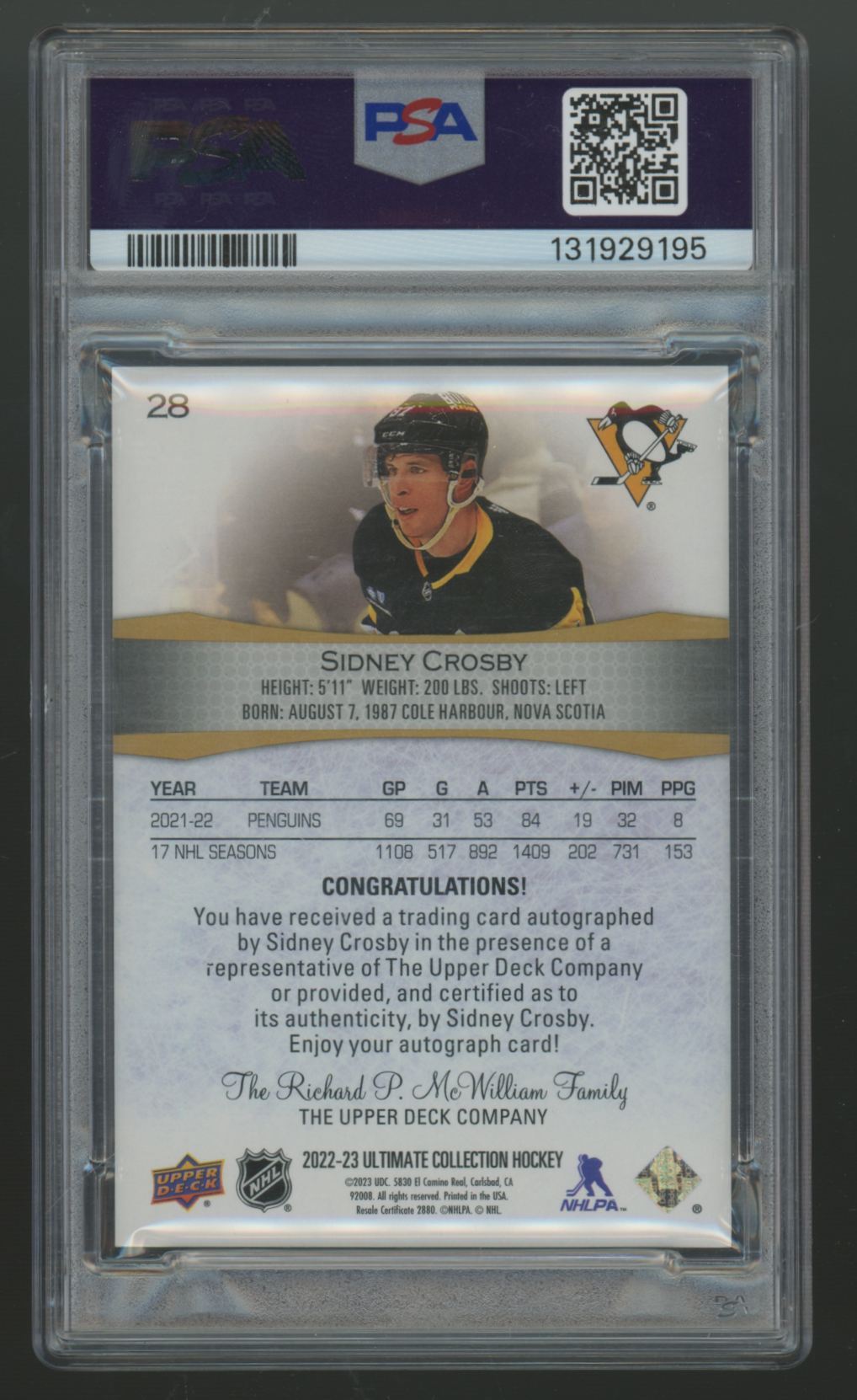 2022-23 UD Ultimate Collection Sidney Crosby Auto Purple /5 #28 PSA 9